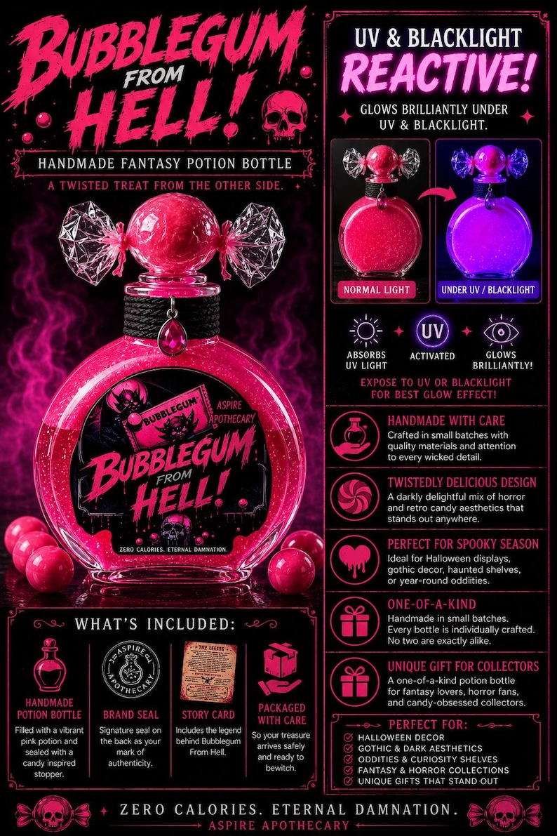 May include: A pink potion bottle labelled Bubblegum From Hell with a candy-shaped stopper. The bottle glows under UV light. It includes a brand seal, story card, and packaging. The design features skull graphics and text including Zero Calories.