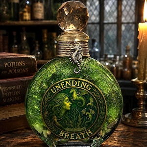 May include: A round glass bottle filled with shimmering green liquid, topped with a faceted crystal stopper. A silver seahorse charm hangs from the gold-toned neck. The front label features a mermaid, small dragons, and the text UNENDING BREATH.