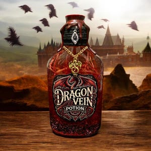 May include: A decorative glass bottle filled with a red liquid and glitter, labeled "Dragon Vein Potion." The bottle has a gold chain with a dragon pendant and a decorative stopper. The background features a fantasy landscape with flying creatures.