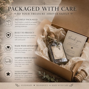 Pode incluir: Uma caixa de cart&atilde;o castanha contendo uma garrafa de vidro com rolha de corti&ccedil;a, embrulhada em papel de seda bege. Inclui um cart&atilde;o de agradecimento com o texto: thank you for supporting my small business, every bottle tells a story.