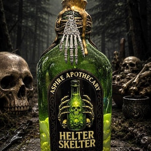 May include: A green glass bottle filled with small light green beads, featuring a black label with the text ASPIRE APOTHECARY HELTER SKELTER and a graphic of a skull. A silver skeleton hand charm hangs from the gold wax-sealed bottle neck.
