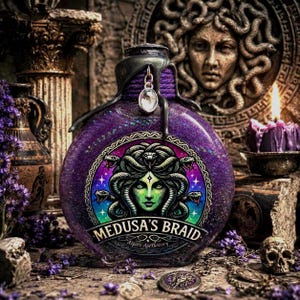 Puede incluir: Una botella redonda con purpurina morada que presenta una etiqueta circular central con una ilustraci&oacute;n de Medusa de piel verde y el texto Medusa's Braid Aspire Apothecary. El cuello est&aacute; envuelto en un cord&oacute;n morado con un colgante de cristal.
