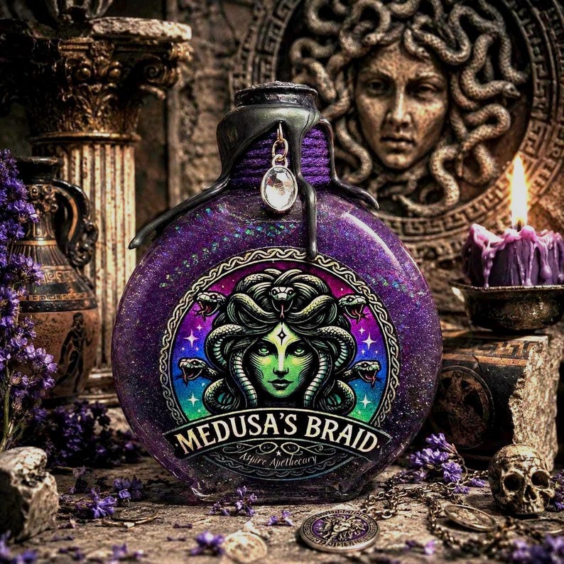 Puede incluir: Una botella redonda con purpurina morada que presenta una etiqueta circular central con una ilustraci&oacute;n de Medusa de piel verde y el texto Medusa's Braid Aspire Apothecary. El cuello est&aacute; envuelto en un cord&oacute;n morado con un colgante de cristal.
