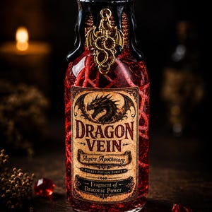 May include: A clear glass bottle filled with red liquid and thin red filaments. The bottle is sealed with black wax and features a gold dragon charm. The label reads: Dragon Vein, Aspire Apothecary, Pocket Potion Series, Fragment of Draconic Power.