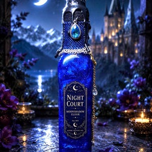 May include: A rectangular glass bottle filled with a shimmering blue liquid. The label reads Night Court Moonshadow Elixir No. 001 Aspire Apothecary. The neck is wrapped in blue fabric with black wax dripping down, featuring a blue teardrop pendant.