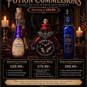 May include: Three decorative glass bottles labelled Custom Potion Commissions. The left bottle is purple with a key and wax seal. The centre bottle is red with a moth emblem and skull topper. The right bottle is blue with a Night Court label.