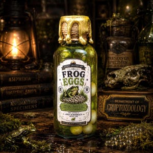 May include: A clear glass bottle filled with round, pale spheres, topped with a gold wax seal and twine. The label reads ASPIRE APOTHECARY FROG EGGS, featuring a green frog illustration, text about marshland harvesting, and a warning not for consumption.