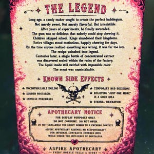 May include: A rectangular label with a vintage aesthetic, featuring a pink and gold gradient background. The text tells a story titled THE LEGEND, lists KNOWN SIDE EFFECTS with a skull icon, and includes an APOTHECARY NOTICE with warnings.