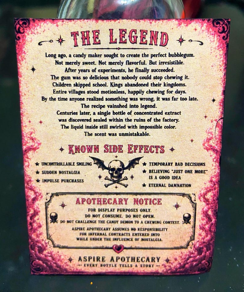 May include: A rectangular label with a vintage aesthetic, featuring a pink and gold gradient background. The text tells a story titled THE LEGEND, lists KNOWN SIDE EFFECTS with a skull icon, and includes an APOTHECARY NOTICE with warnings.
