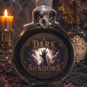 May include: A round glass bottle filled with dark liquid, featuring a label that reads "ASPIRE APOTHECARY DARK SHADOWS A FORGOTTEN BLEND BREWED FOR THOSE WHO WALK BETWEEN SEEN AND UNSEEN." The bottle neck is sealed with grey wax and a silver vampire fang charm.