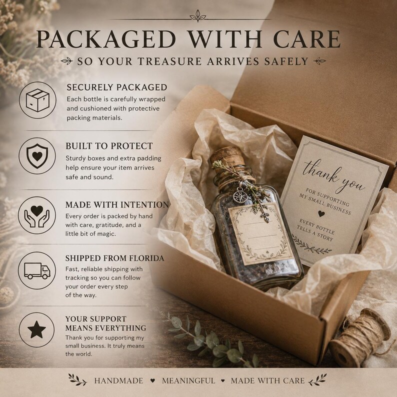 May include: A brown cardboard box containing a glass bottle with a cork stopper, wrapped in beige tissue paper. A thank you card is included with the text: thank you for supporting my small business, every bottle tells a story.