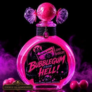 May include: A round glass bottle filled with bright pink liquid, topped with a pink candy-shaped stopper. The label reads BUBBLEGUM FROM HELL! ASPIRE APOTHECARY ZERO CALORIES. ETERNAL DAMNATION. A small pink charm hangs from the black cord around the neck.