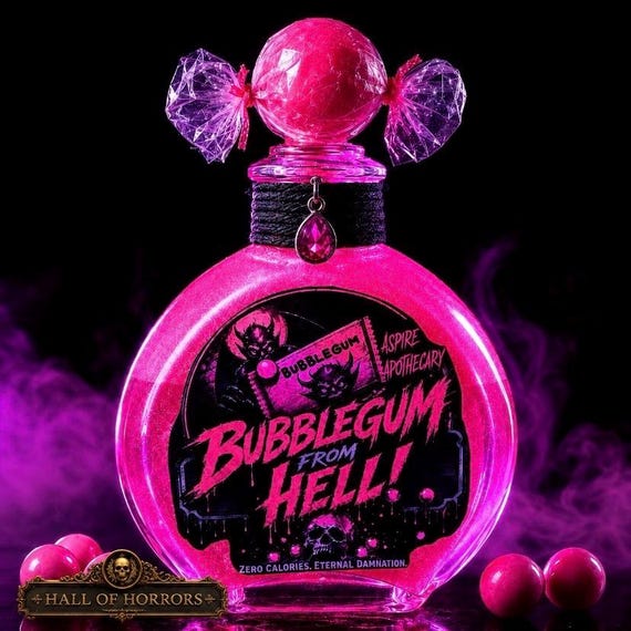 Bubblegum From Hell Potion Bottle | Blacklight Reactive Gothic Decor, Pink Horror Collectible