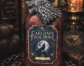 Frasco de poción de hombre lobo / El último aullido de Caelum / Decoración gótica fantástica / Objeto de colección de monstruos / Exhibición de boticario