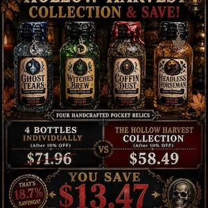 Pode incluir: Quatro frascos de vidro rotulados como Ghost Tears, Witches Brew, Coffin Dust e Headless Horseman da cole&ccedil;&atilde;o Hollow Harvest. Cada frasco apresenta uma tampa selada com cera, berloques decorativos e r&oacute;tulos detalhados de estilo botic&aacute;rio.