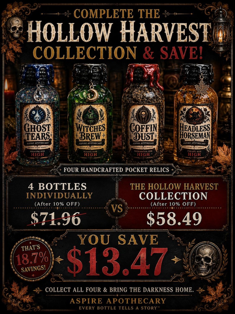 Pode incluir: Quatro frascos de vidro rotulados como Ghost Tears, Witches Brew, Coffin Dust e Headless Horseman da cole&ccedil;&atilde;o Hollow Harvest. Cada frasco apresenta uma tampa selada com cera, berloques decorativos e r&oacute;tulos detalhados de estilo botic&aacute;rio.