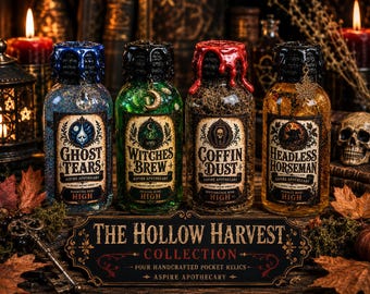 The Hollow Harvest Collection | Set of 4 Mini Halloween Potion Bottles | Gothic Apothecary Decor | Witchy Collectible Gift