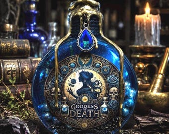 Frasco de poción de la Diosa de la Muerte / Objeto de colección de fantasía gótica / Elixir que cambia de color / Decoración mitológica / Exhibidor de boticario