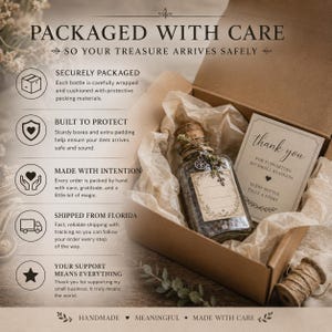 May include: A brown cardboard shipping box containing a glass bottle with a cork stopper, wrapped in crinkled tissue paper. A thank you card is included, and the box features text detailing packaging, protection, and support for a small business.