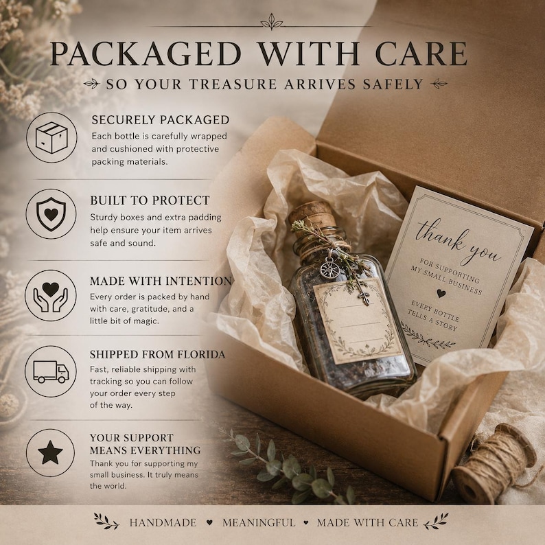 May include: A brown cardboard shipping box containing a glass bottle with a cork stopper, wrapped in crinkled tissue paper. A thank you card is included, and the box features text detailing packaging, protection, and support for a small business.