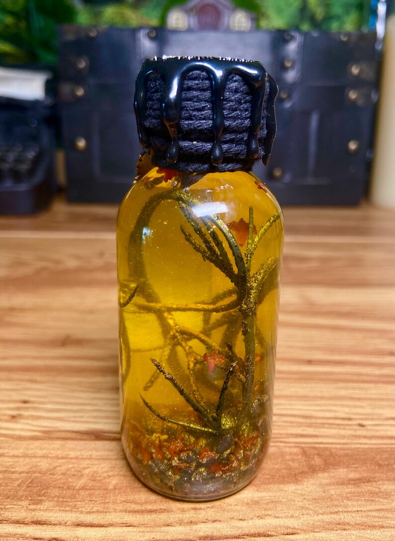 Pode incluir: Uma garrafa de vidro transparente cheia de um l&iacute;quido amarelo dourado, contendo ramos verdes submersos e pequenas part&iacute;culas cor de laranja. O gargalo &eacute; envolvido por um fio preto e selado com cera preta que escorre pelas laterais.