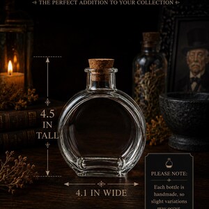 May include: A clear glass bottle with a round body and a cork stopper. The bottle measures 11.43 cm tall and 10.41 cm wide. Text on the image includes SIZE & DETAILS, THE PERFECT ADDITION TO YOUR COLLECTION, 4.5 IN TALL, 4.1 IN WIDE, and PLEASE NOTE.