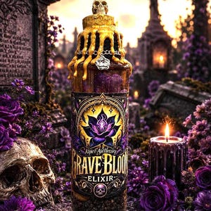 May include: A clear glass bottle filled with dark liquid, topped with a gold wax seal and a small skull. The label features a purple lotus flower and the text Aspire Apothecary Grave Bloom Elixir with a small skull icon at the bottom.