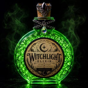 May include: A round green glass bottle filled with glowing green spheres, featuring a cork stopper topped with a silver-toned filigree ornament. A label reads WITCHLIGHT ELIXIR, and a silver chain with a clear crystal pendant hangs around the neck.