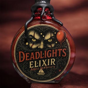 May include: A round glass bottle filled with a red liquid, featuring a black wax seal and a decorative label. The label reads "Deadlights Elixir" with a menacing clown face and a red balloon illustration. The bottle has a black stopper and a red chain.
