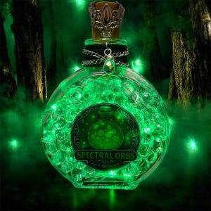 May include: A round glass bottle filled with glowing green orbs and fairy lights. The bottle has a decorative stopper and a label that reads "SPECTRAL ORBS". The background is a dark green forest with fog.