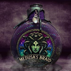 May include: A dark purple glass bottle with a green wax seal and a silver charm. The bottle has a label with a colorful illustration of Medusa with snakes for hair and the text "Medusa's Braid" and "Mythic Apothecary".