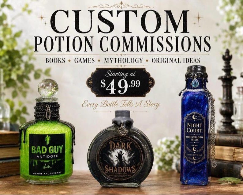May include: Three decorative glass bottles with labels reading Bad Guy Antidote, Dark Shadows, and Night Court Moonshadow Elixir. The bottles feature black wax seals, metallic chains, and colored liquids in bright green, black, and deep blue.