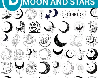 Månen och stjärnorna SVG-paket, himmelsk clipart, natthimlens grafik (digital nedladdning)
