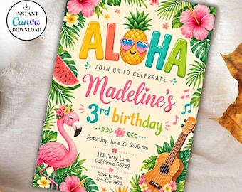 Inbjudan till tropisk ananasfödelsedag, inbjudan till Aloha Luau-fest (redigerbar canvas)