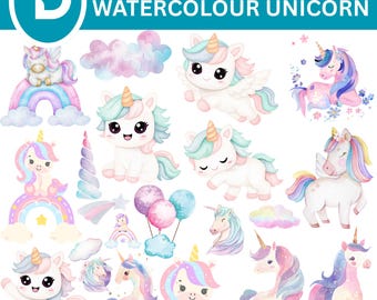 Watercolor Unicorn Clipart, Rainbow Pastel PNGs (Commercial Use)