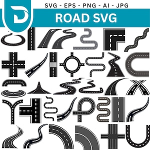 Puede incluir: Ilustraciones de carreteras negras y grises en varias formas. La imagen incluye carreteras rectas, curvas, intersecciones y rotondas. El texto "ROAD SVG" se muestra en la parte superior.