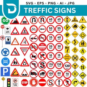 May include: A collection of various traffic signs in red, white, yellow, and black. The signs include speed limits, warning signs, and directional indicators. The image also includes the text "TRAFFIC SIGNS" and file type indicators.