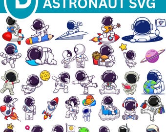 Astronaut SVG-paket: Rymdclipart, Astronaut med raket, Digitala filer (Direktnedladdning)