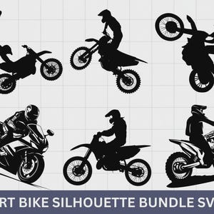 May include: A collection of black silhouette images of dirt bikes and riders in various action poses. The images include riders performing stunts and riding on different types of motorcycles. The text "DIRT BIKE SILHOUETTE BUNDLE SVG" is at the bottom.