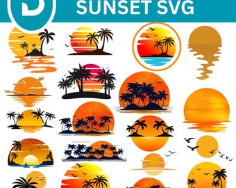 Retro solnedgång SVG Clipart | Tropisk strandpalm (digital nedladdning)