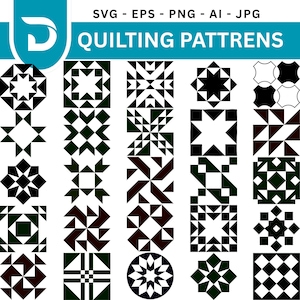 Puede incluir: Una colección de patrones de acolchado en blanco y negro, con formas geométricas como estrellas, cuadrados y diamantes. La imagen incluye el texto "SVG - EPS - PNG - AI - JPG" y "QUILTING PATTERNS".