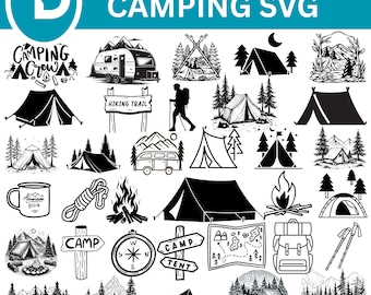 Camping SVG Clipart Mega Bundle, Lägereld, Tält, Husbilsdesign (Digital Nedladdning)