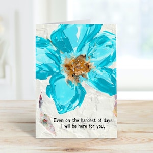 Blauwe bloemenkaart, condoleancekaart, afdrukbare vriendschapskaart, oranje bloemen blanco wenskaart, steunkaart voor moeilijke tijden, direct downloaden