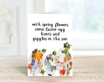 Tarjeta de Pascua: Collage de huevos y flores primaverales (Descarga digital)