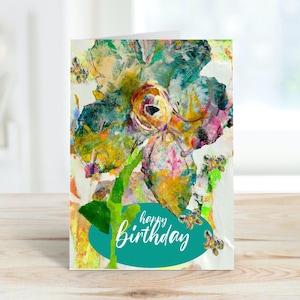 Carte de voeux imprimable fleurs d'anniversaire, téléchargement immédiat, carte d'anniversaire à imprimer à la maison, carte d'anniversaire vierge, carte de joyeux anniversaire, fantaisiste