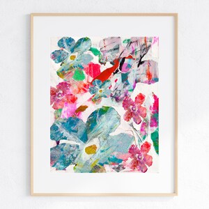 Bloom Mixed Media Floral Collage, Digital Download, Printable Flower Wall Art, Modern Botanical Decor, Pink and Blue Decor, Dowloadable Art