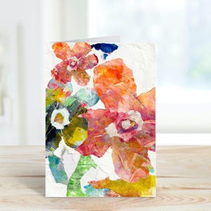 Bloemen collagewenskaarten, set van drie, grillige gescheurde papierkunst, kleurrijke bloemenkaarten gemengde techniek, notitiekaarten voor elke gelegenheid