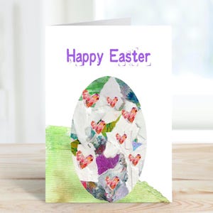 Carte de joyeuses Pâques, téléchargement numérique, carte de voeux de Pâques vierge imprimable, oeuf de collage en papier déchiré avec coeurs, carte de voeux de printemps