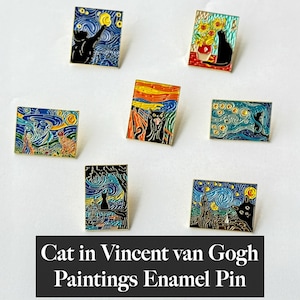May include: Set of eight enamel pins featuring black cats in famous Vincent van Gogh paintings. The pins are colorful and detailed, with each one depicting a different painting.