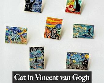 Cat in Famous Painting Enamel Pin: Van Gogh Starry Night Art